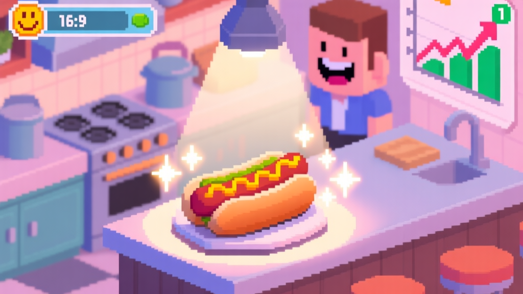 A vibrant, isometric view of a pixel-art style restaurant simulation game kitchen. A perfectly crafted hot dog sits under a spotlight on a counter, with glowing sparkles around it. In the background, a customer avatar shows a huge smiley face and a rising profit graph. Soft pastel color scheme. high quality illustration, detailed, 16:9
