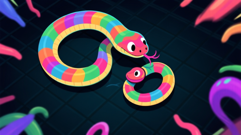 自动生成图片: A top-down view of a vibrant Slither.io game scene, showing a large, colorful snake successfully trapping a smaller one in a tight loop, against a dark grid background, dynamic action shot high quality illustration, detailed, 16:9