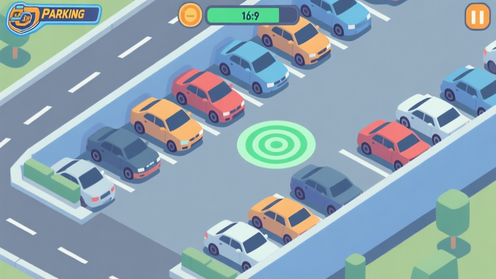A top-down view of a challenging isometric parking lot scene from a game like Parking Fury, with multiple cars, tight spaces, and a target parking spot highlighted in soft green, muted color palette with blues and greys high quality illustration, detailed, 16:9