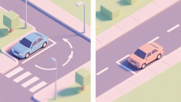 自动生成图片: Split-screen comparison of forward parking vs reverse parking in a stylized top-down game view, showing turning radius and final position, soft pastel colors, clean lines, isometric perspective high quality illustration, detailed, 16:9