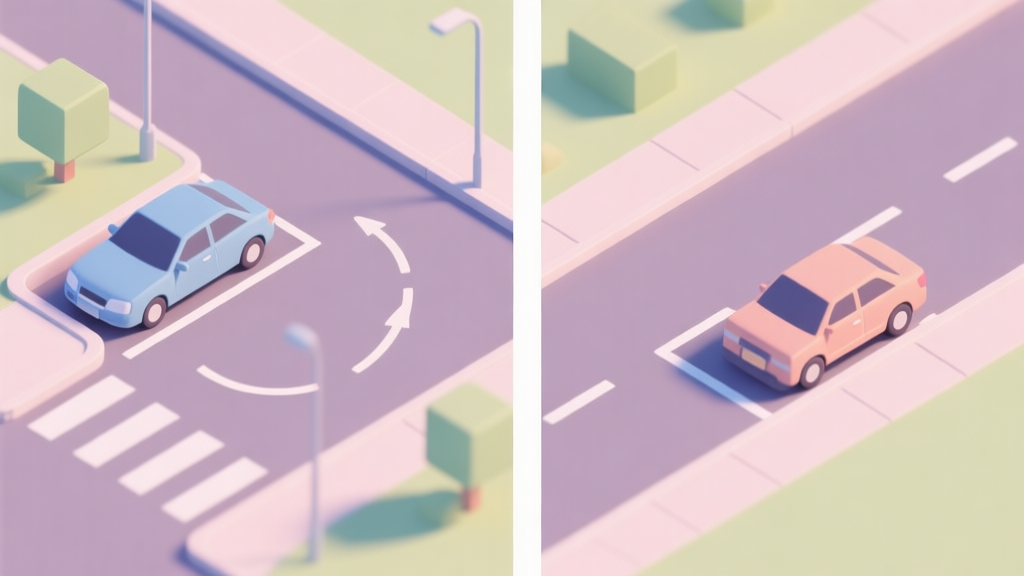 Split-screen comparison of forward parking vs reverse parking in a stylized top-down game view, showing turning radius and final position, soft pastel colors, clean lines, isometric perspective high quality illustration, detailed, 16:9