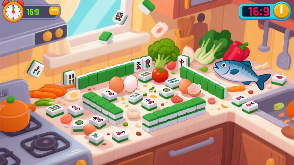 A vibrant, playful video game screenshot style image showing a chaotic kitchen countertop with Mahjong tiles scattered among ingredients like eggs, vegetables, and fish. A timer is visibly counting down in the corner. high quality illustration, detailed, 16:9