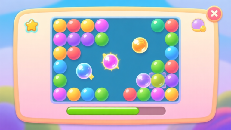 自动生成图片: A vibrant yet soft-colored game interface of a bubble puzzle game, showing a challenging level with multiple colored bubbles, a few special power-up bubbles, and a near-full progress bar. The style is clean, illustrative, and slightly cartoonish, focusing on strategy and puzzle-solving. high quality illustration, detailed, 16:9
