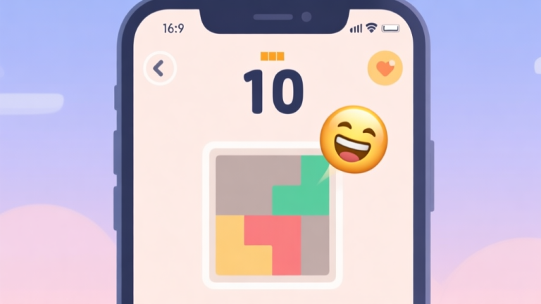 自动生成图片: A minimalist illustration showing a casual mobile game screen with a simple puzzle, a prominent score counter hitting '10', and a satisfied expression emoji popping up, in a soft pastel color palette high quality illustration, detailed, 16:9