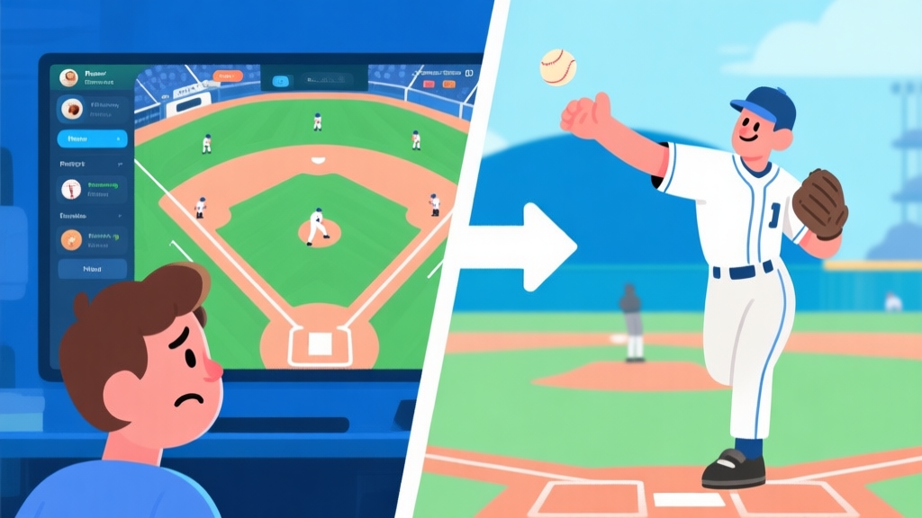 Split-screen illustration: left side shows a confused new player looking at a complex baseball game interface, right side shows a confident player executing a perfect pitch, with a clear progression arrow in between, in a soft cartoon style with a blue and green color palette high quality illustration, detailed, 16:9