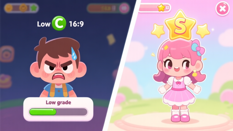 自动生成图片: A split-screen illustration showing a frustrated game character on the left with a low score (C grade) and a confident character on the right with a shining S grade, in a cute dress-up game aesthetic, pastel color palette high quality illustration, detailed, 16:9