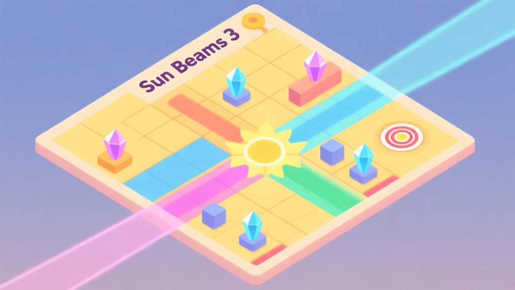 A minimalist, top-down view of a vibrant puzzle game level titled "Sun Beams 3", showing a complex grid with colored beams, blockers, and target crystals, using a soft pastel color palette with warm yellows and cool blues high quality illustration, detailed, 16:9