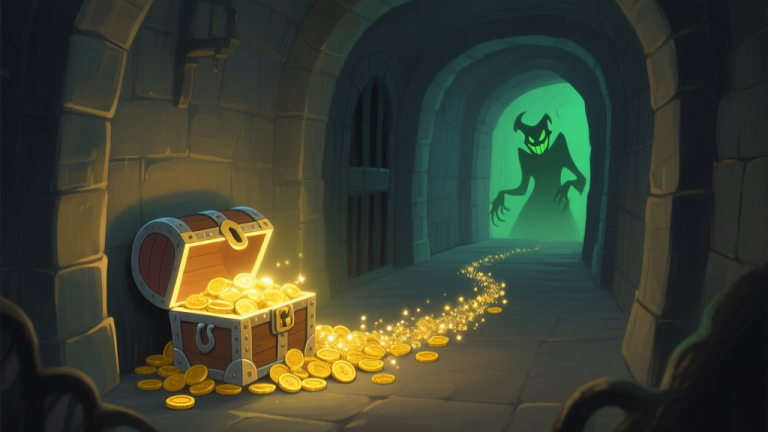 自动生成图片: A whimsical, painterly illustration of a glowing treasure chest in a dark dungeon corridor, with a trail of sparkling gold coins leading away from it and a faint, mischievous green silhouette disappearing around a corner, soft ambient lighting, muted color palette high quality illustration, detailed, 16:9
