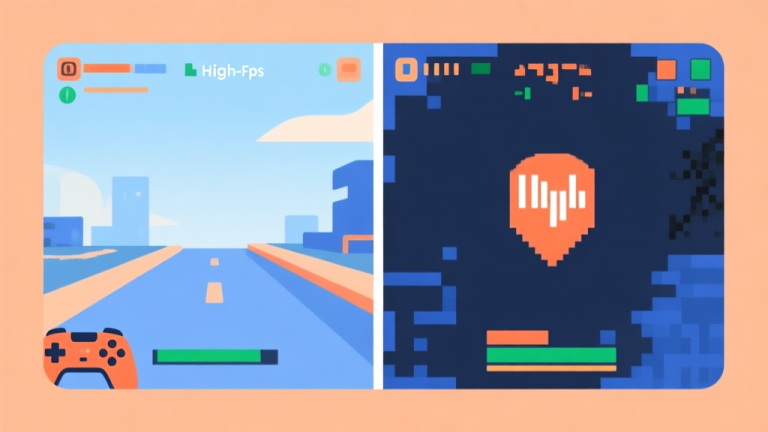 自动生成图片: Split-screen illustration showing a smooth, high-fps game scene on one side and a laggy, pixelated game scene with a high ping icon on the other, in a minimalist flat design style with a soft blue and orange color scheme high quality illustration, detailed, 16:9