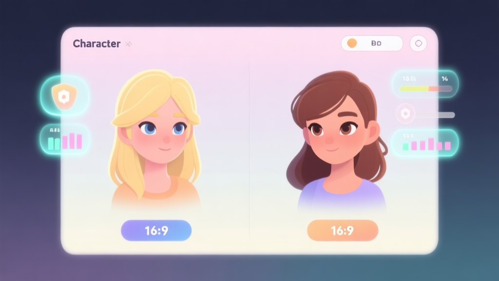 Split-screen game character creation menu showing a blonde and a brunette avatar side by side, with subtle glowing stats floating next to each, soft pastel color palette, clean UI design high quality illustration, detailed, 16:9