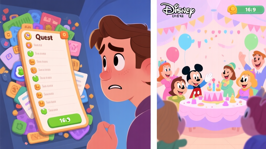 A split-screen illustration showing a confused player looking at a cluttered game quest log on one side, and a joyful, organized Disney-themed party scene with characters on the other, in a soft pastel color palette high quality illustration, detailed, 16:9