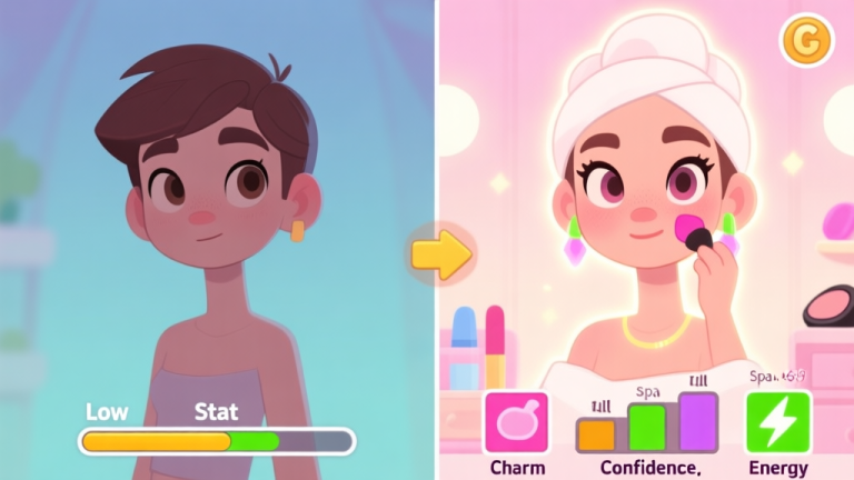 自动生成图片: A split-screen illustration showing a game character on one side looking plain with low stat bars, and the same character on the other side after a spa and makeup session, glowing with full stat bars for Charm, Confidence, and Energy, in a soft pastel color palette high quality illustration, detailed, 16:9