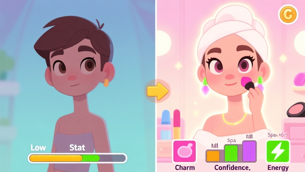 A split-screen illustration showing a game character on one side looking plain with low stat bars, and the same character on the other side after a spa and makeup session, glowing with full stat bars for Charm, Confidence, and Energy, in a soft pastel color palette high quality illustration, detailed, 16:9