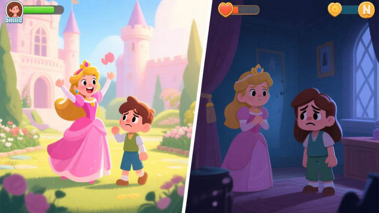 自动生成图片: A split-screen illustration showing two contrasting game scenes from a princess life simulator. Left side: a joyful scene with a princess and her friend celebrating in a sunlit castle garden. Right side: a tense scene with the same characters in a dimly lit room, looking conflicted. Soft pastel color palette. high quality illustration, detailed, 16:9