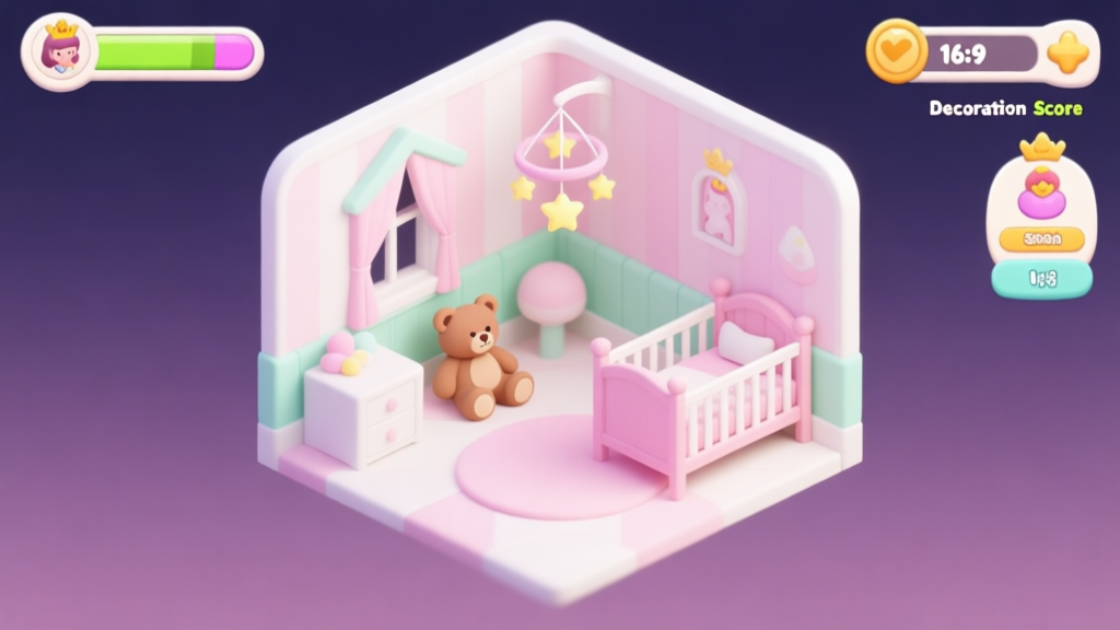A cozy, isometric view of a digital princess nursery room in a simulation game, soft pastel color palette with pinks, whites, and mint greens, showing a crib, a toy bear, and a starry mobile, with a game UI overlay showing a happiness meter and a decoration score high quality illustration, detailed, 16:9