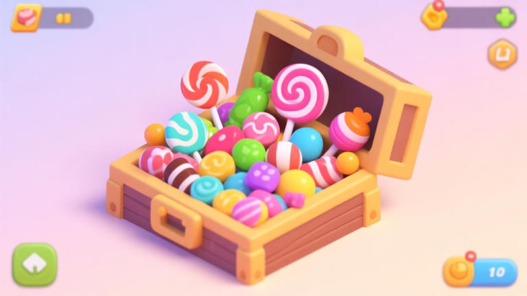 自动生成图片: A vibrant, isometric view of a game inventory overflowing with various colorful cartoon candies, lollipops, and sweets on a soft pastel background, game UI elements subtly visible high quality illustration, detailed, 16:9