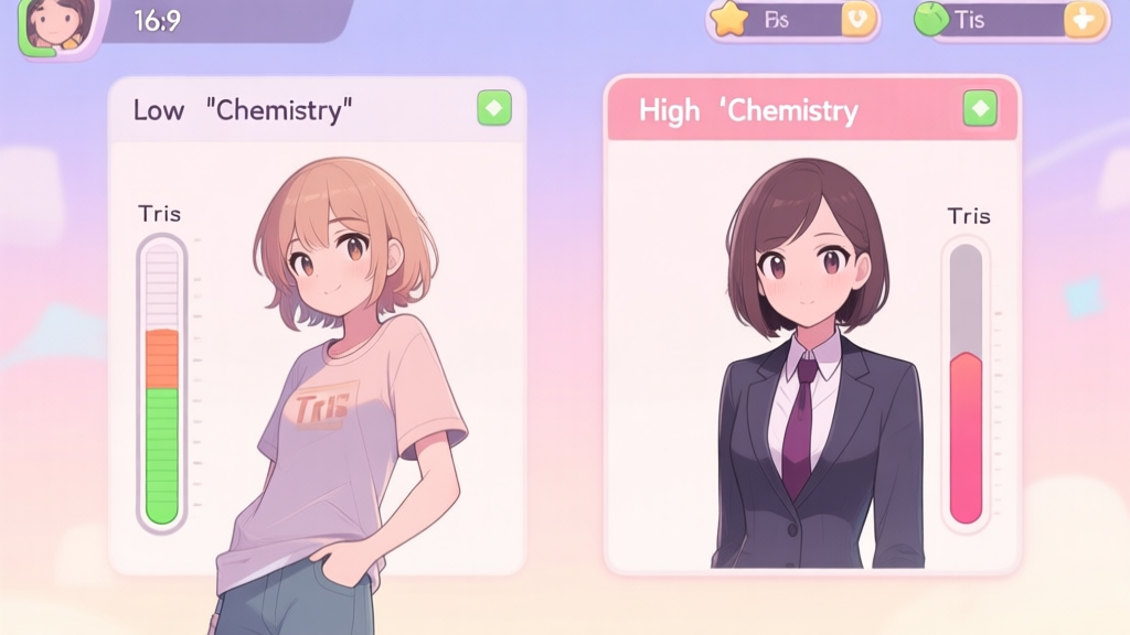 A split-screen illustration showing a casual Tris on one side with low 'chemistry' meter, and a well-dressed Tris on the other with a high 'chemistry' meter, in a soft pastel anime-inspired game UI style high quality illustration, detailed, 16:9