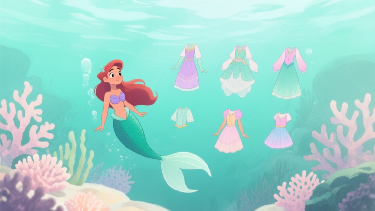 自动生成图片: A serene underwater scene in a video game, showing a mermaid character with multiple costume options floating beside her, soft pastel coral and seafoam green color palette, illustrated in a gentle watercolor style high quality illustration, detailed, 16:9
