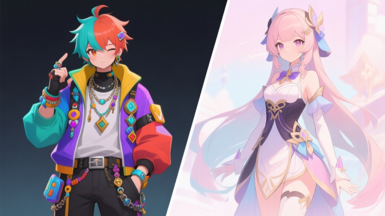 自动生成图片: Split-screen illustration showing a poorly dressed game character with clashing colors and too many accessories on the left, and a elegantly coordinated character with a cohesive theme on the right, soft pastel color scheme, anime-inspired game art style high quality illustration, detailed, 16:9