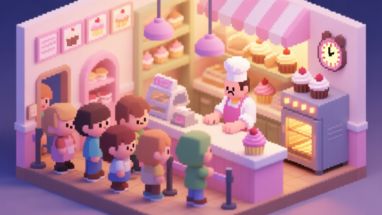 自动生成图片: An isometric, cozy pixel art scene of a bustling cupcake shop during rush hour, with multiple cute customer characters waiting in line, a stressed but focused baker behind the counter, and oven timers glowing. Soft pastel color palette with warm lighting. high quality illustration, detailed, 16:9