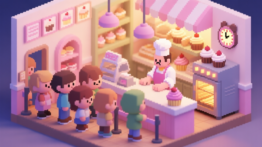 An isometric, cozy pixel art scene of a bustling cupcake shop during rush hour, with multiple cute customer characters waiting in line, a stressed but focused baker behind the counter, and oven timers glowing. Soft pastel color palette with warm lighting. high quality illustration, detailed, 16:9