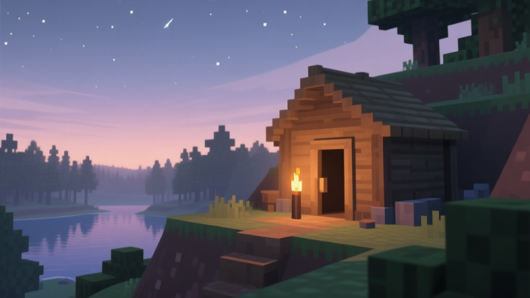 自动生成图片: A serene yet slightly tense scene in a blocky game world at dusk. A simple wooden shelter with a torch by the door is built into a hillside, overlooking a forest and a lake. The sky shows the first stars, creating a sense of urgency and calm preparation. Soft, muted color palette. high quality illustration, detailed, 16:9