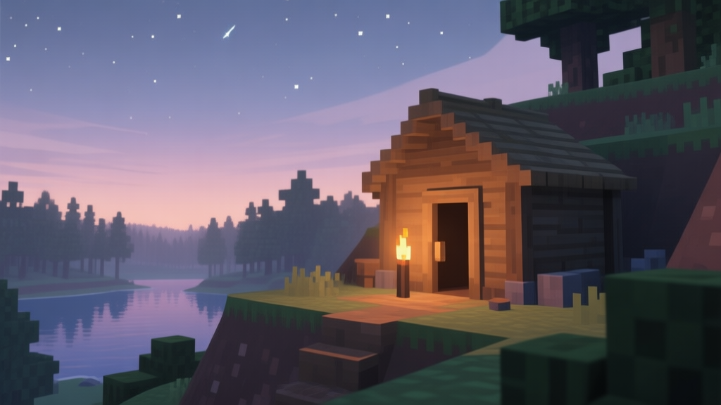 A serene yet slightly tense scene in a blocky game world at dusk. A simple wooden shelter with a torch by the door is built into a hillside, overlooking a forest and a lake. The sky shows the first stars, creating a sense of urgency and calm preparation. Soft, muted color palette. high quality illustration, detailed, 16:9