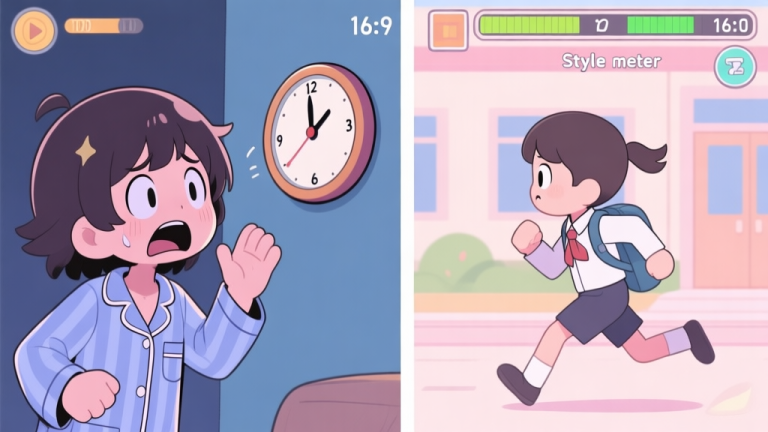 自动生成图片: Split-screen illustration showing a panicked anime-style game character in pajamas looking at a clock on one side, and the same character neatly dressed with a simple hairstyle running to school on the other side, soft pastel colors, video game UI elements like a time counter and a 'style meter' high quality illustration, detailed, 16:9