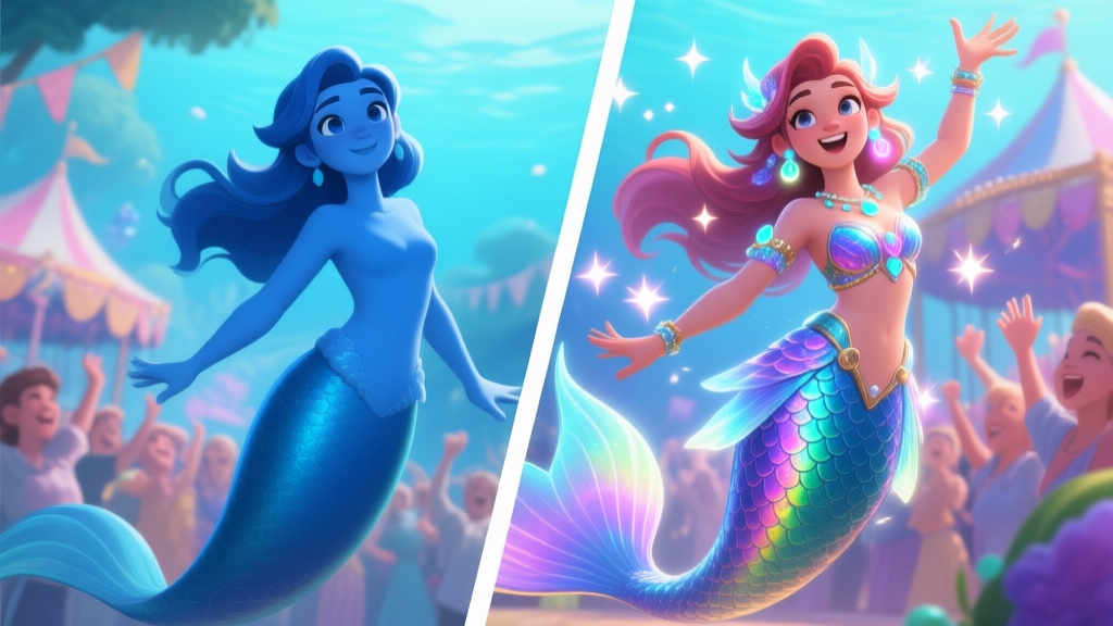 A vibrant, side-by-side comparison of two mermaid avatars in a fantasy game carnival setting. One is generic with plain blue colors, the other is intricate with iridescent scales, glowing accessories, and a dynamic pose, clearly receiving more visual feedback like sparkles and crowd cheers. Soft aquatic color palette. high quality illustration, detailed, 16:9