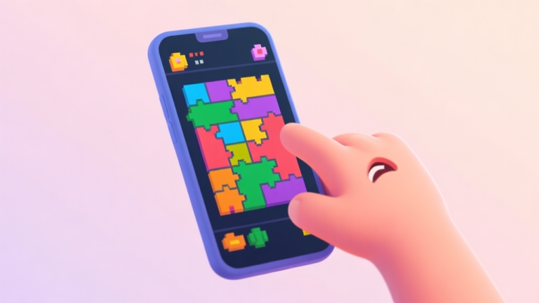 自动生成图片: A smartphone screen showing a colorful but confusing pixel puzzle game, with a frustrated hand hovering over it, soft pastel background high quality illustration, detailed, 16:9