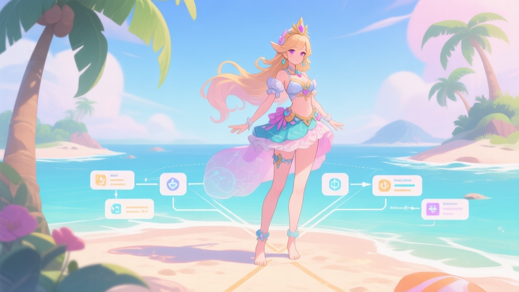 A vibrant, stylized illustration of a fantasy princess character in a detailed beach outfit, standing at the intersection of a data flowchart and a tropical island, symbolizing the blend of game design strategy and player appeal, soft pastel color scheme, anime-inspired game art style high quality illustration, detailed, 16:9