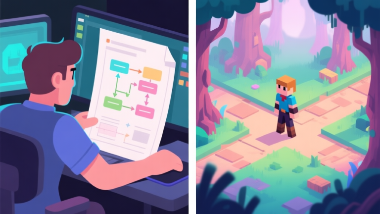 自动生成图片: A split-screen illustration showing a game developer on the left, looking at a design document with flowcharts, and a player character on the right, standing at a crossroads in a vibrant, mysterious game forest. Soft pastel color palette, isometric view high quality illustration, detailed, 16:9