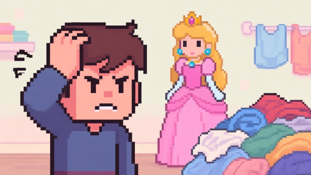 A frustrated game character scratching their head in front of a pixelated princess and a pile of laundry, soft pastel game art style, muted colors, confused expression high quality illustration, detailed, 16:9