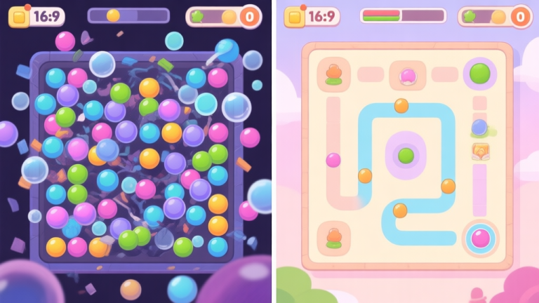 自动生成图片: A split-screen image showing a chaotic Bubble Shooter board on the left and a clean, strategically planned board with clear paths on the right, in a soft pastel game art style high quality illustration, detailed, 16:9