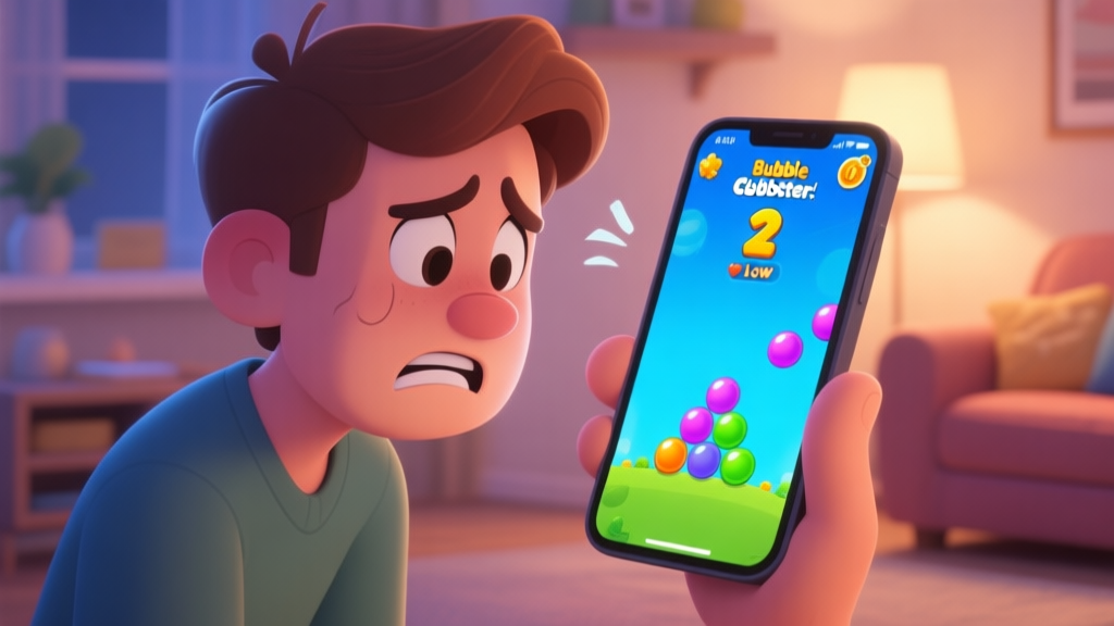 A frustrated player looking at a Bubble Shooter game screen on a mobile phone, with a low score visible, in a cozy home setting, soft lighting, cartoonish style high quality illustration, detailed, 16:9