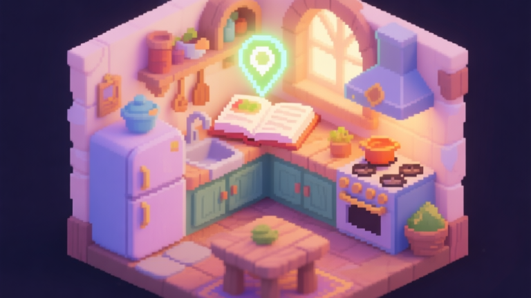 自动生成图片: Cozy isometric pixel art of a fantasy game kitchen, with a glowing quest marker above a recipe book, soft pastel colors, warm lighting high quality illustration, detailed, 16:9
