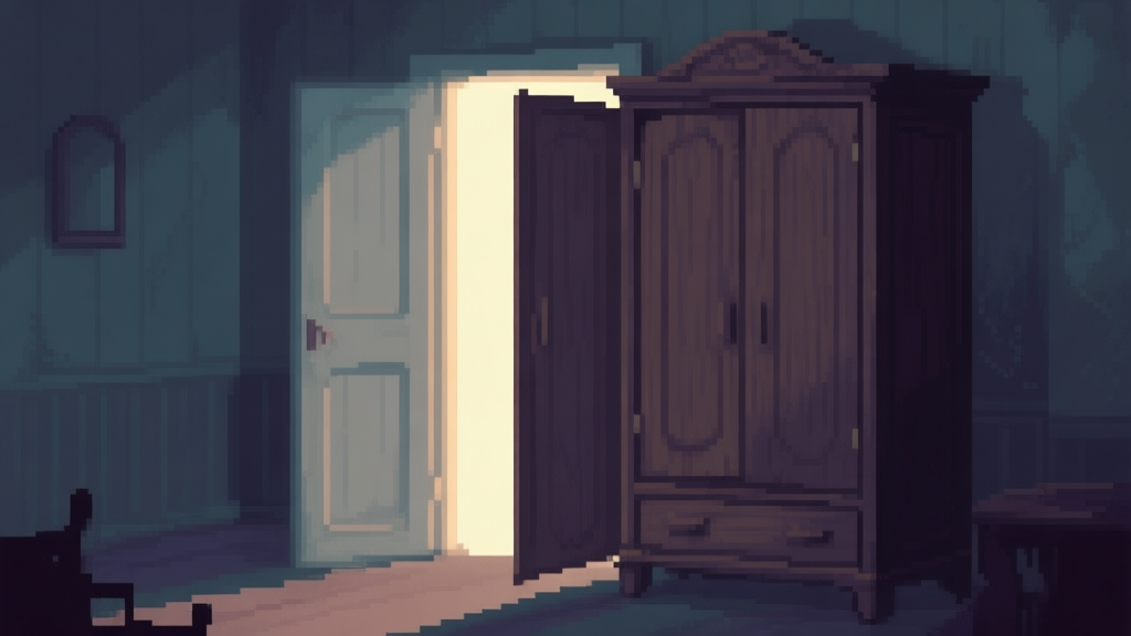 A softly lit, slightly eerie pixel art scene of a vintage wooden wardrobe in a dim room, its door slightly ajar, with a subtle glow emanating from within, muted colors and soft shadows high quality illustration, detailed, 16:9