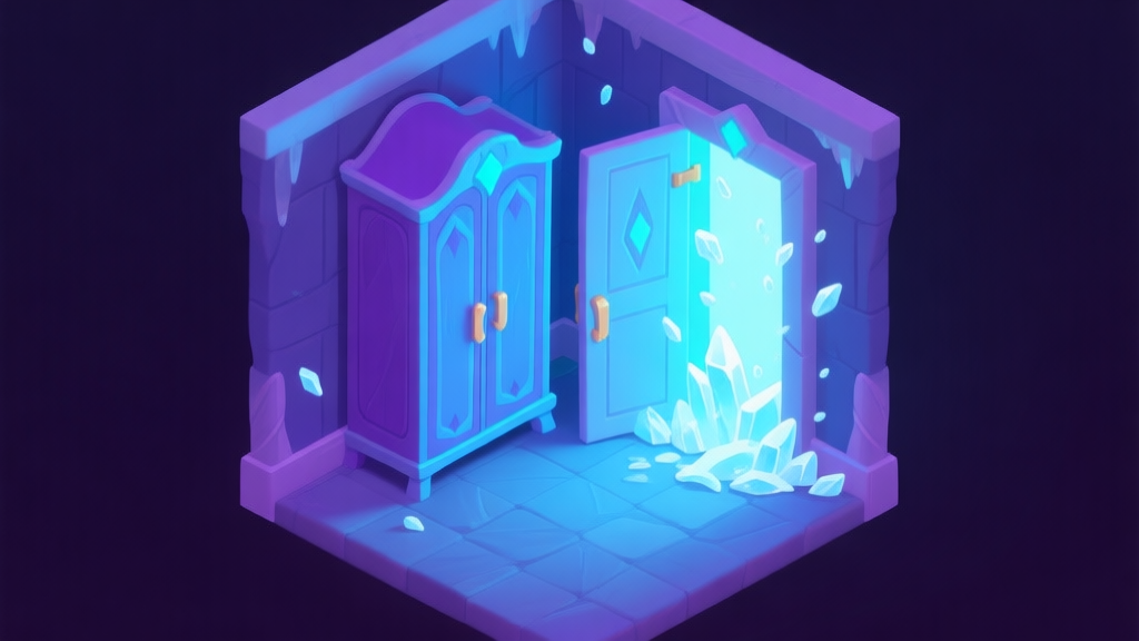 A stylized, isometric view of a fantasy game room with a glowing wardrobe in the corner, soft ice particles floating out from its slightly ajar door, in a cool color palette of blues and purples high quality illustration, detailed, 16:9