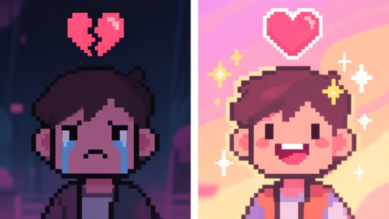 自动生成图片: A split-screen illustration showing the contrast in a game romance. Left side: a pixel-art character with a sad expression and a broken heart icon above their head, dim background. Right side: the same character smiling brightly with sparkles and a full heart icon, vibrant warm background. Soft pastel color palette. high quality illustration, detailed, 16:9