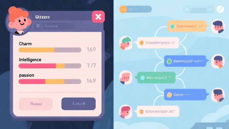 自动生成图片: A split-screen illustration showing a game character's stats panel on one side (with bars for charm, intelligence, passion) and a dynamic conversation flow with branching dialogue choices on the other, in a soft pastel and muted blue color palette, flat design style high quality illustration, detailed, 16:9