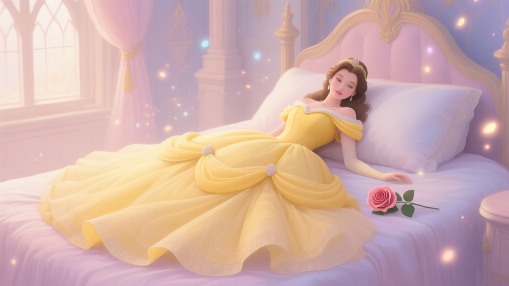 A beautiful, elegant yellow ball gown dress laid out on a bed in a soft, magical castle room, with subtle glowing particles and a rose nearby, soft pastel color scheme, digital painting style high quality illustration, detailed, 16:9