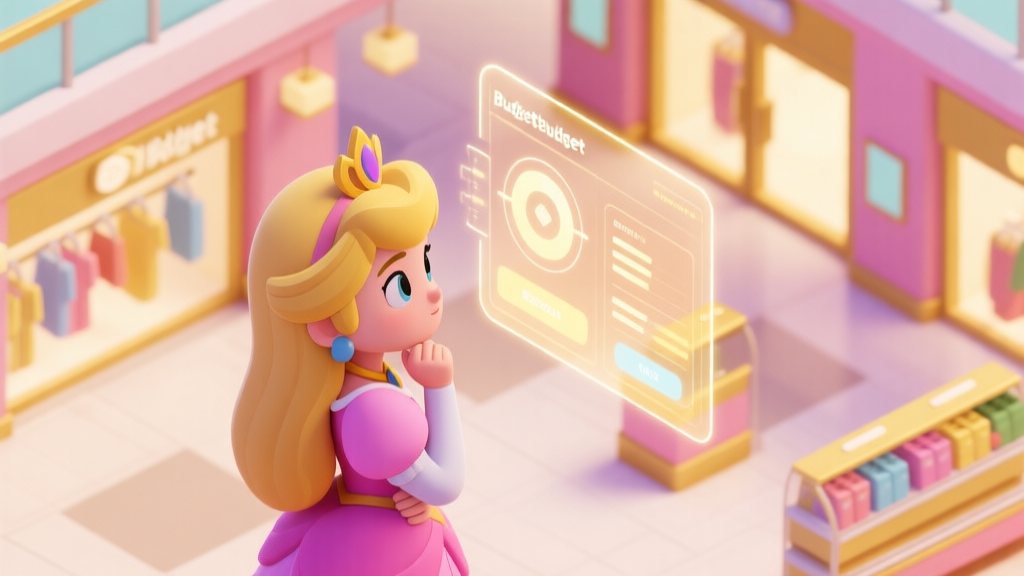 A stylized, isometric view of a vibrant in-game shopping mall interior, with a princess character looking thoughtfully at a holographic budget interface, soft pastel color palette with gold accents high quality illustration, detailed, 16:9