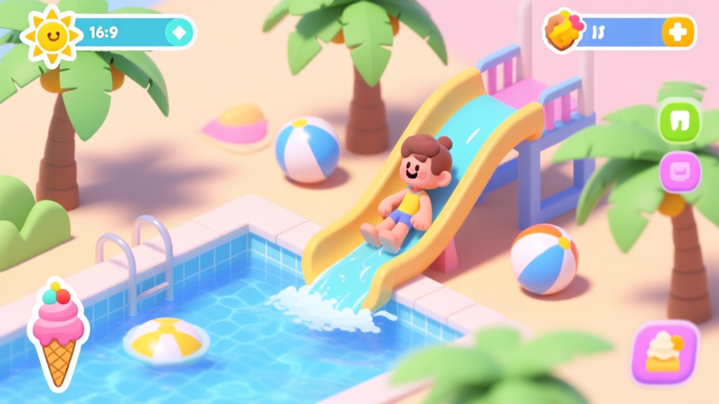 Vibrant and cheerful summer game event scene, showing a character sliding down a water slide into a pool, surrounded by palm trees, beach balls, and colorful UI elements like ice cream and sun icons, isometric view, soft pastel color palette, video game art style high quality illustration, detailed, 16:9