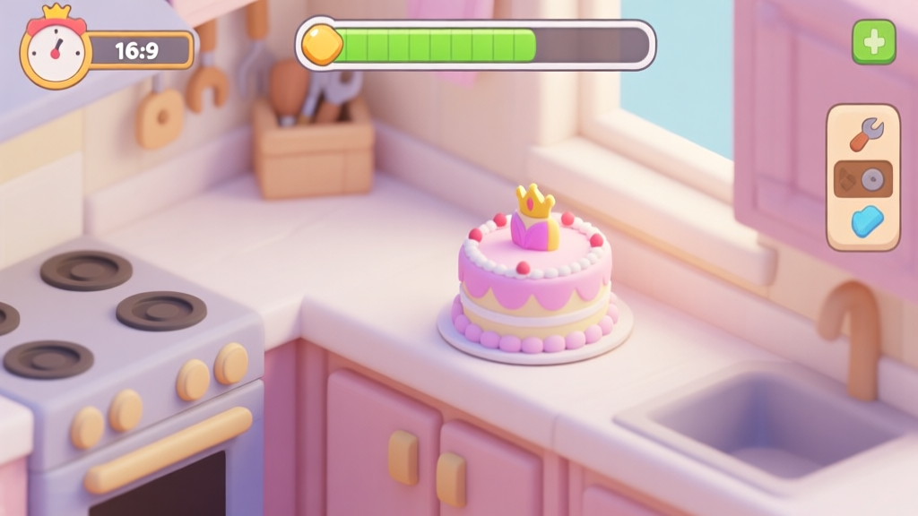 A cozy, isometric game scene showing a virtual kitchen counter with a beautifully decorated princess-themed cake, a progress bar on top, and simple, clean game UI elements like a timer and a tool palette, soft pastel color scheme high quality illustration, detailed, 16:9