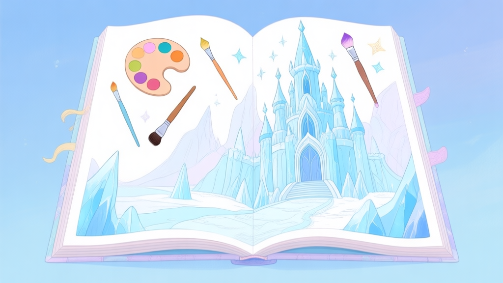 A beautifully illustrated, open fantasy coloring book showing a half-finished ice palace scene, with magical brushes and color palettes floating above it, soft pastel and icy blue color scheme high quality illustration, detailed, 16:9
