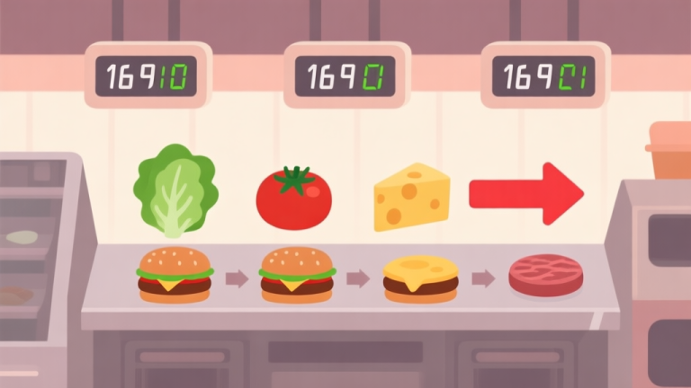 自动生成图片: Game UI illustration showing a burger preparation counter with timers above each ingredient (lettuce, tomato, cheese, patty), a red arrow indicating the correct preparation sequence, flat design style with soft colors high quality illustration, detailed, 16:9