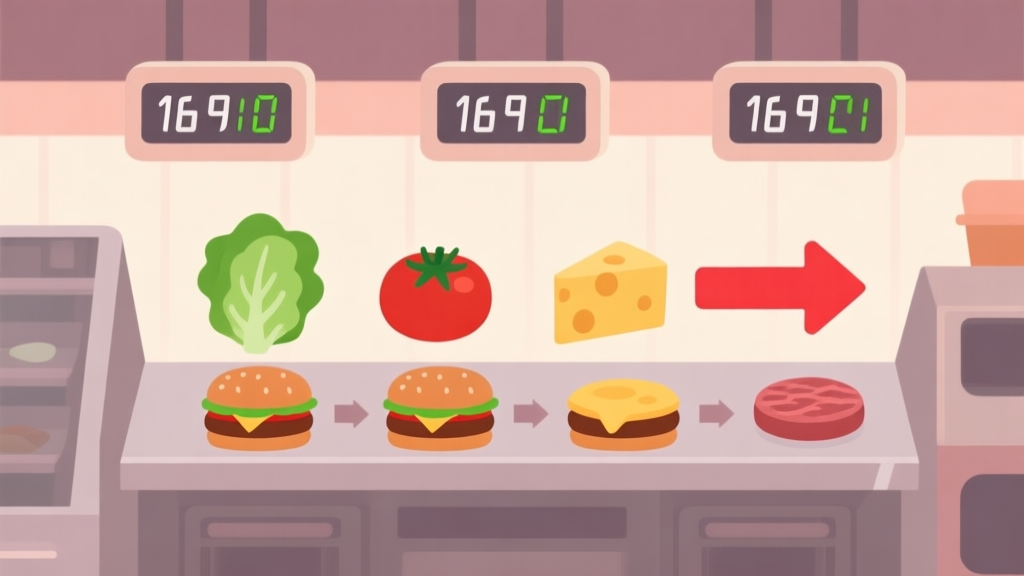 Game UI illustration showing a burger preparation counter with timers above each ingredient (lettuce, tomato, cheese, patty), a red arrow indicating the correct preparation sequence, flat design style with soft colors high quality illustration, detailed, 16:9