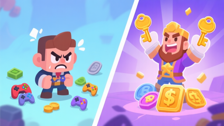 自动生成图片: A split-screen illustration showing a frustrated game character on one side with scattered low-value items, and a triumphant character on the other side with key high-value rewards highlighted, in a soft pastel blue and purple game art style high quality illustration, detailed, 16:9