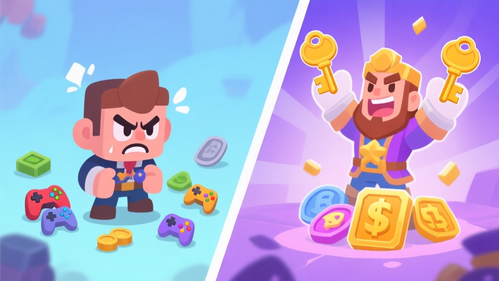 A split-screen illustration showing a frustrated game character on one side with scattered low-value items, and a triumphant character on the other side with key high-value rewards highlighted, in a soft pastel blue and purple game art style high quality illustration, detailed, 16:9