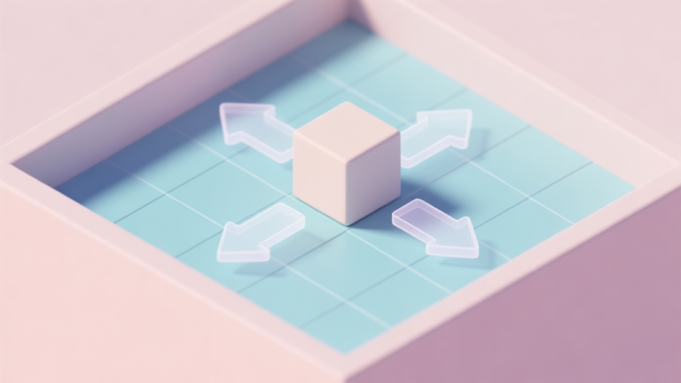 自动生成图片: A minimalist isometric game level showing a simple block on a grid, with translucent arrows indicating potential push and pull directions, soft pastel colors, clean lines high quality illustration, detailed, 16:9